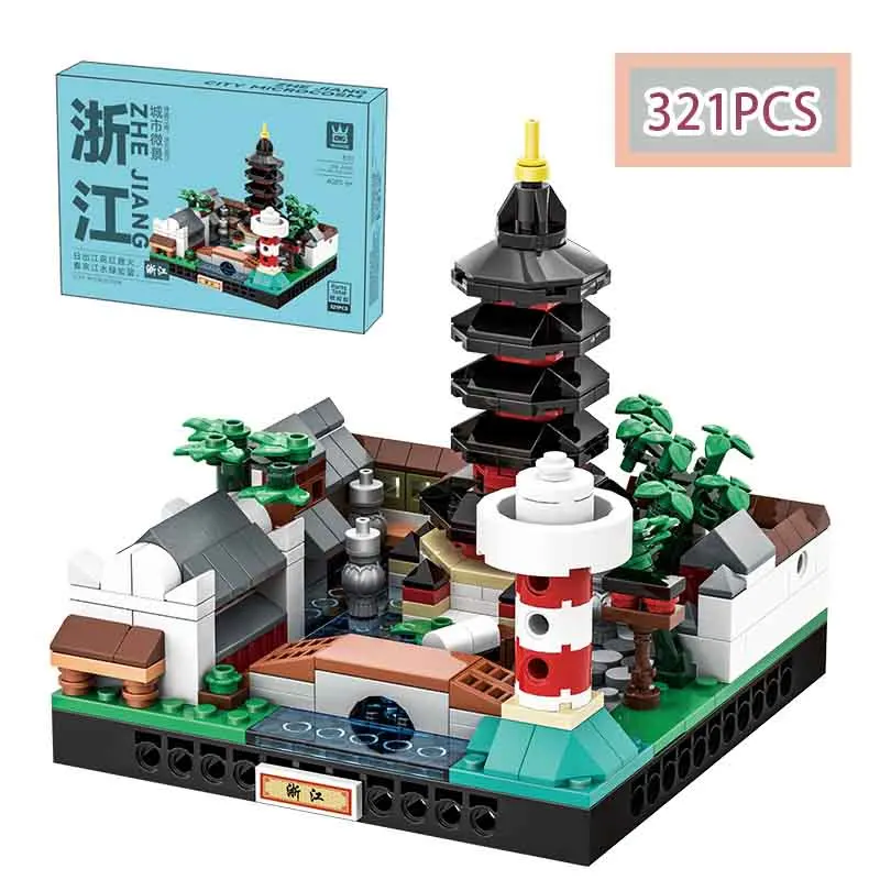 MOC 321PCS China Urban Micro Landscape Architecture Zhejiang Model Assembly DIY Building Blocks Children's Puzzle Toys