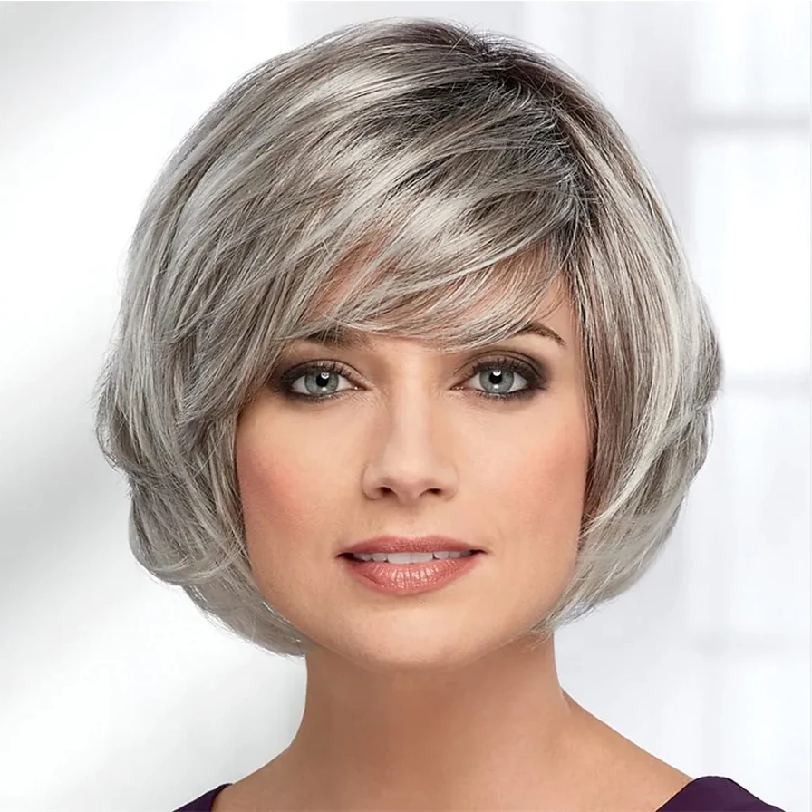 HAIRJOY Kunsthaar-Perücke für Damen, kurz, gerade, Ombre-Bob-Perücke mit Pony, blond, silberfarben, braun, rot