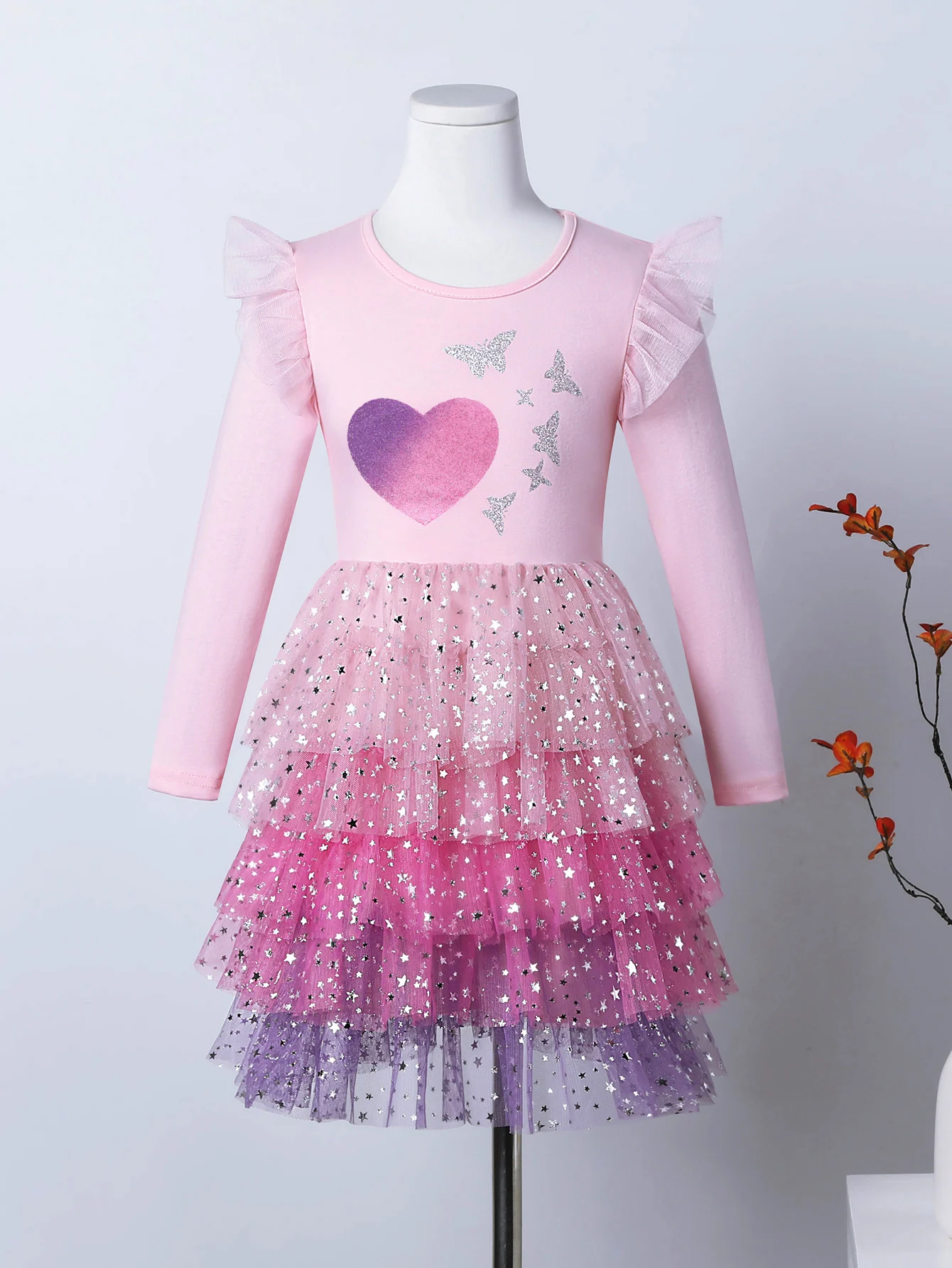 Girls Heart Butterfly Princess Dress Long Sleeve Ruffle Shoulder Gradient Layered Star Tulle Cake Dress LH1779