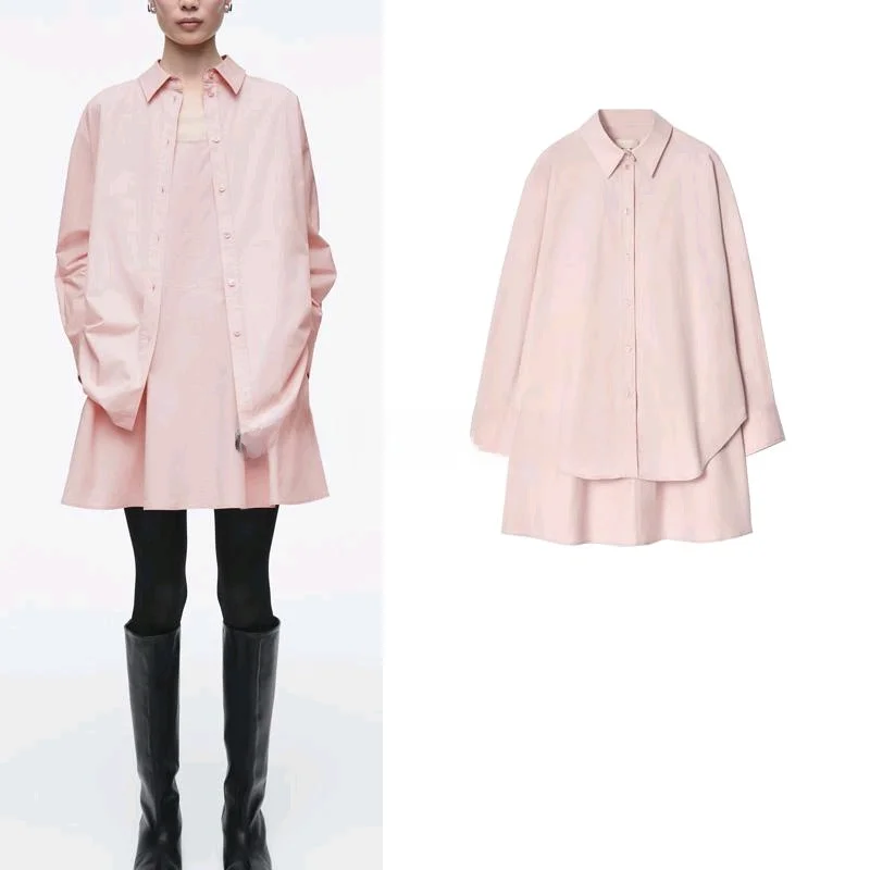 Nova Chegada de Primavera Vestido Csa Casual de Manga Longa para Mulheres Estilo Camadas Silhueta A-Line Gola  Fibra d...