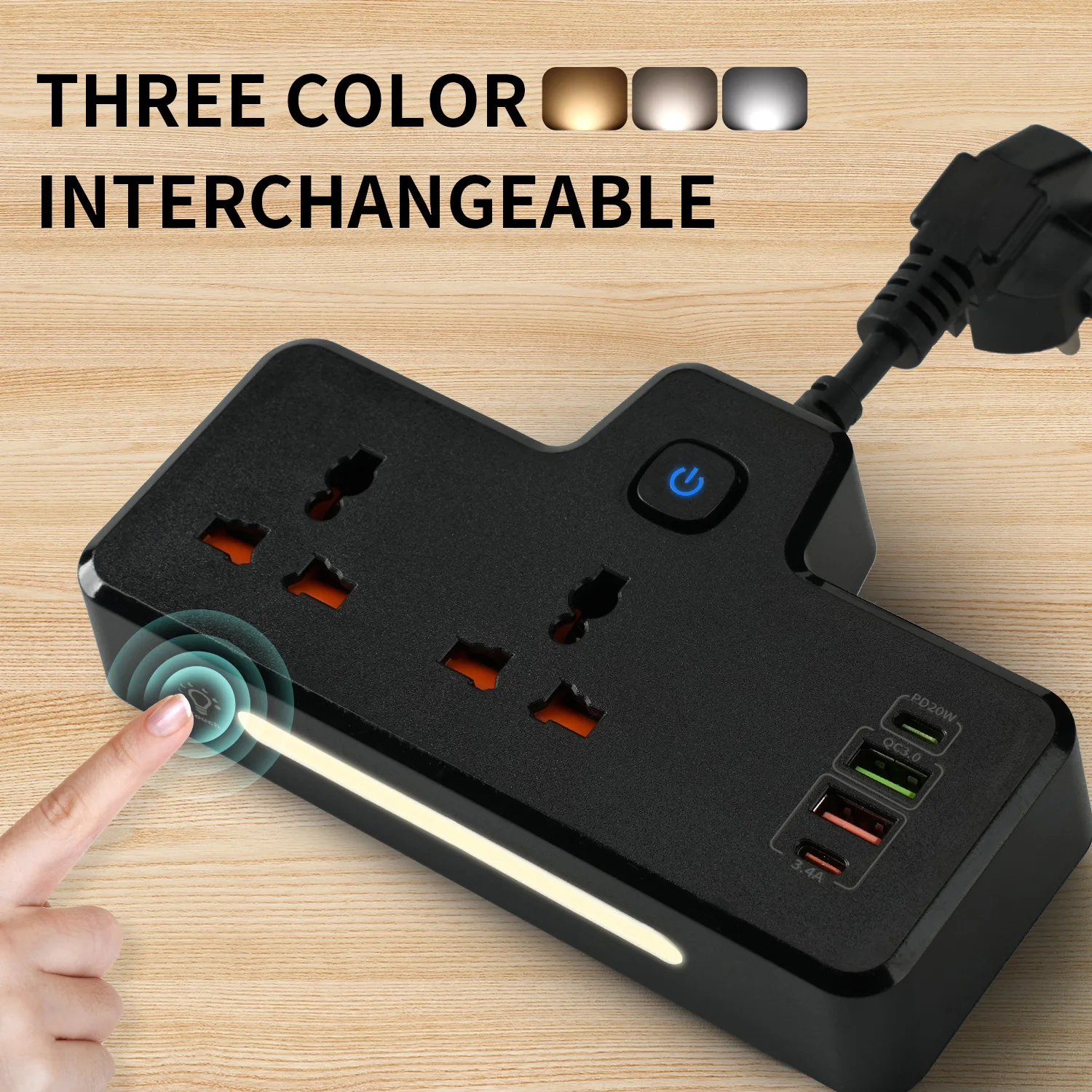 EU UK US AU Plug Power Strip 2 Type-C USB Ports 2 Universal Outlets QC3.0 PD20W Expand  Network Filter with Night Light Sockets