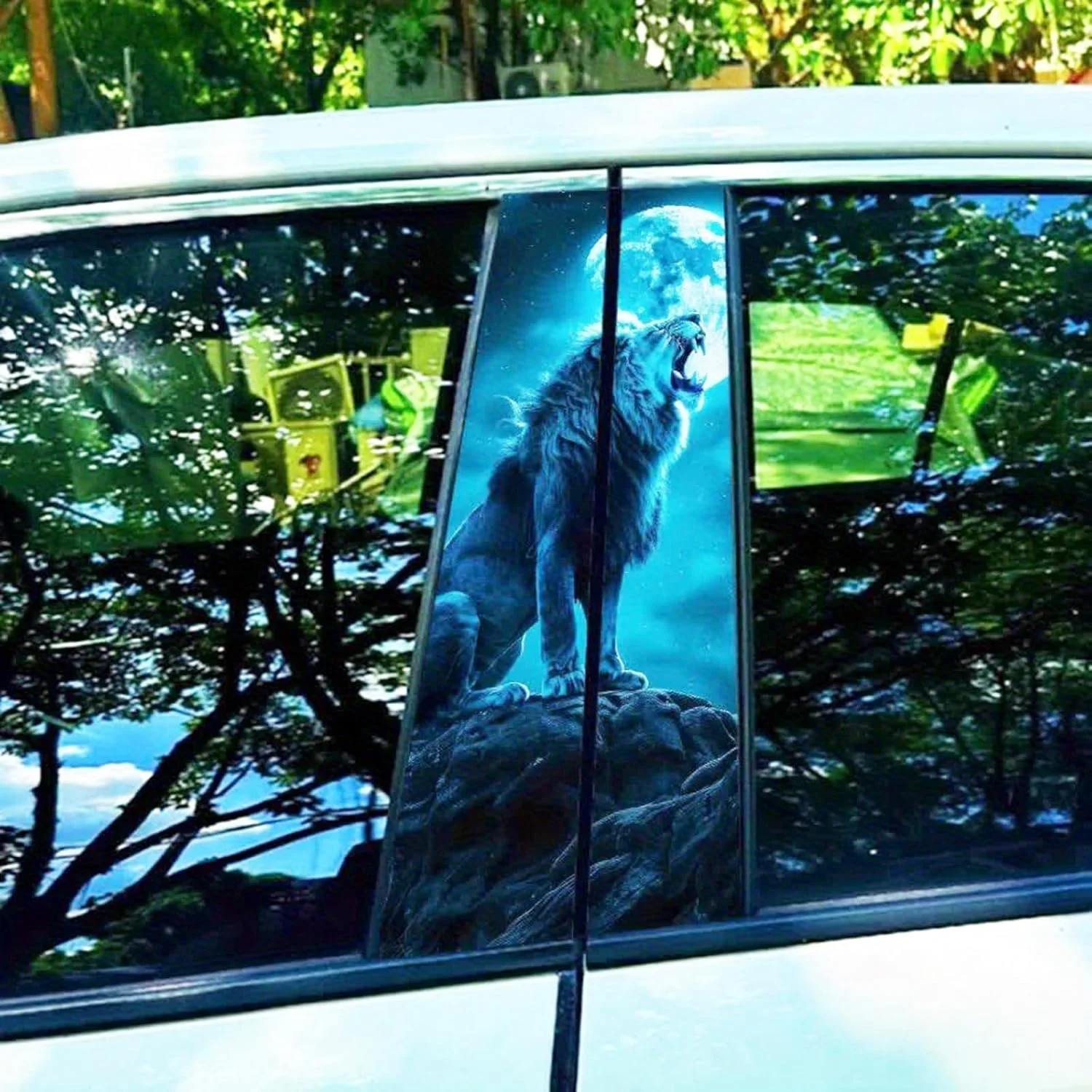 2Pcs Mirrored Moonlit Roaring Lion B‑Pillar Auto Decal 25x50cm Blue‑Tone Domineering Car Exterior Decor