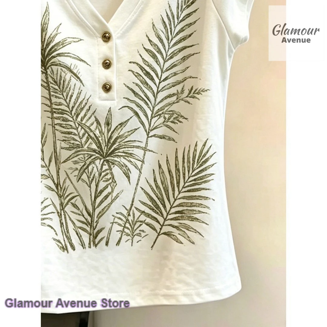 Korean minority high-grade shoulder short-sleeved T-shirt women's summer new floral print round neck fashion Joker casual top.