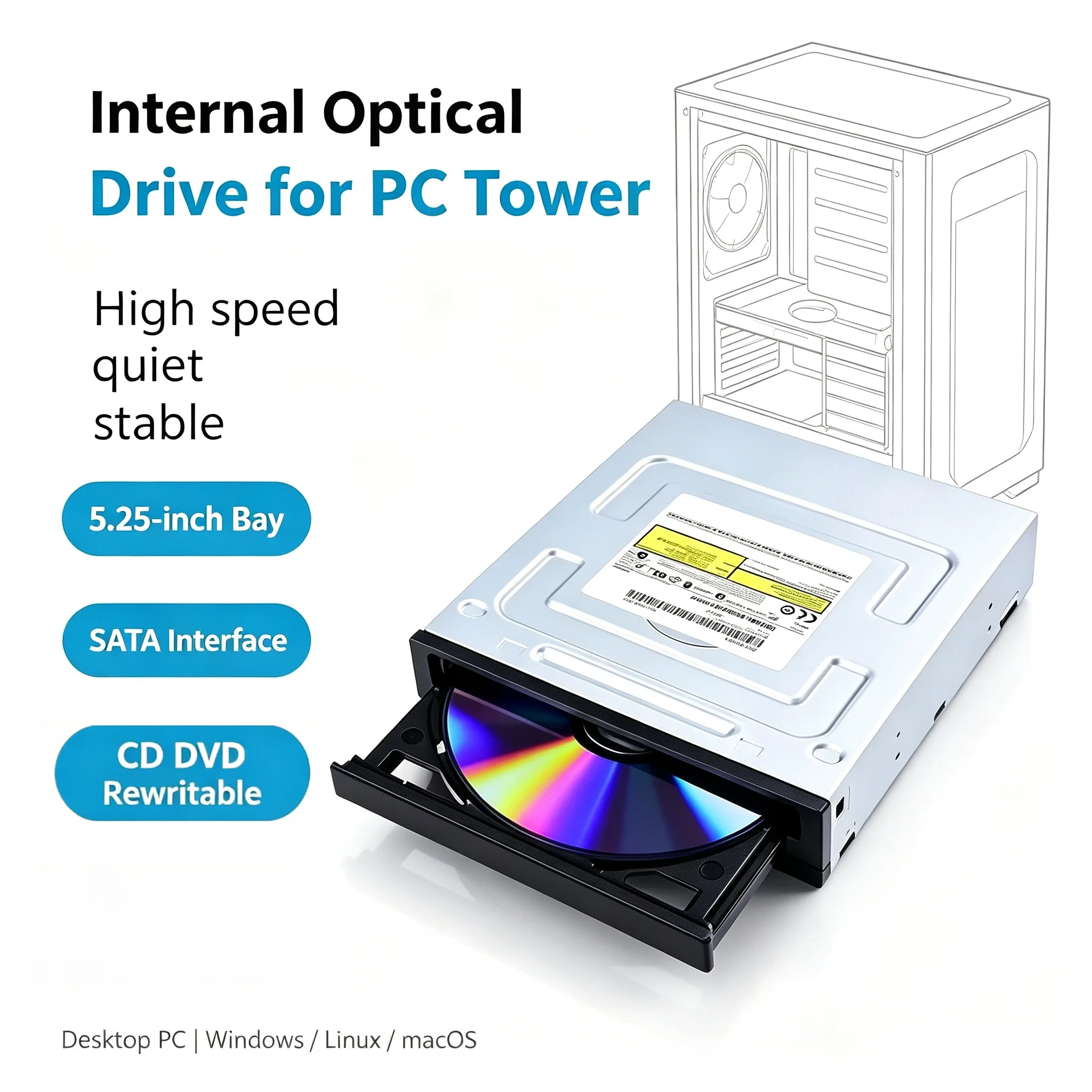 24X Internal SATA CD DVD Burner Optical Drive 5.25inch Built-in Disk Drive For Desktop PC Chassis Compatible Windows Linux macOS