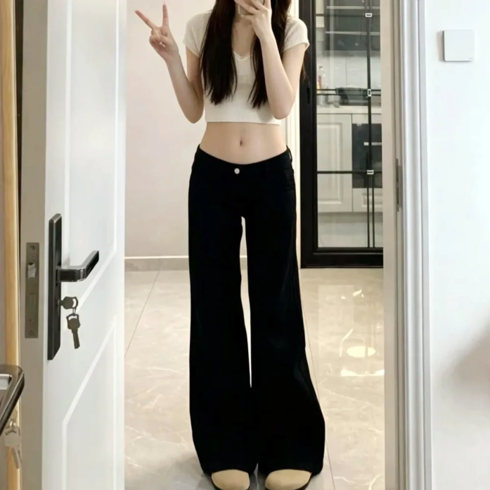 Women's Clothing Jeans Y2K Black Low-Rise Wide-Leg Flare Jeans for Women - Loose Fit Versatile Straight Leg Flare Pants