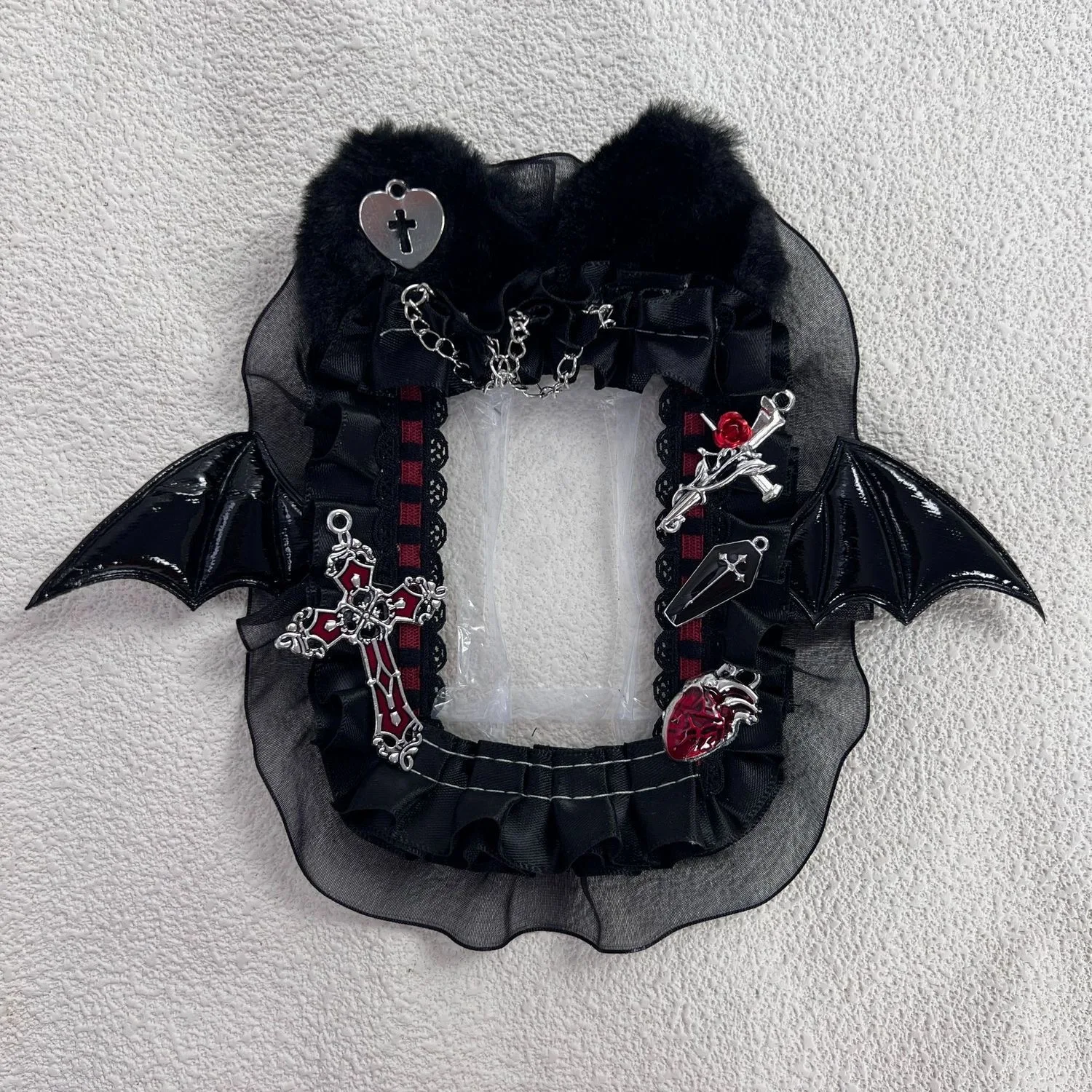 Ins Dark Series Kpop Photocard Holder  Angel & Bat Design Photo Card Bag Pendant Badge Holder Lace Trim Decoration for Itabag