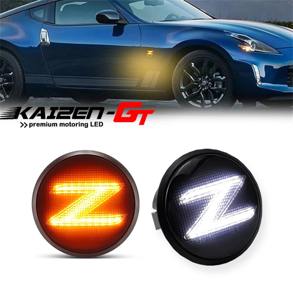 Car Sequential Amber LED Front Side Marker Turn Signal Lights w/ White DRL For Nissan 370z Z34 2009-2020 & 350z Z33 2003-2009