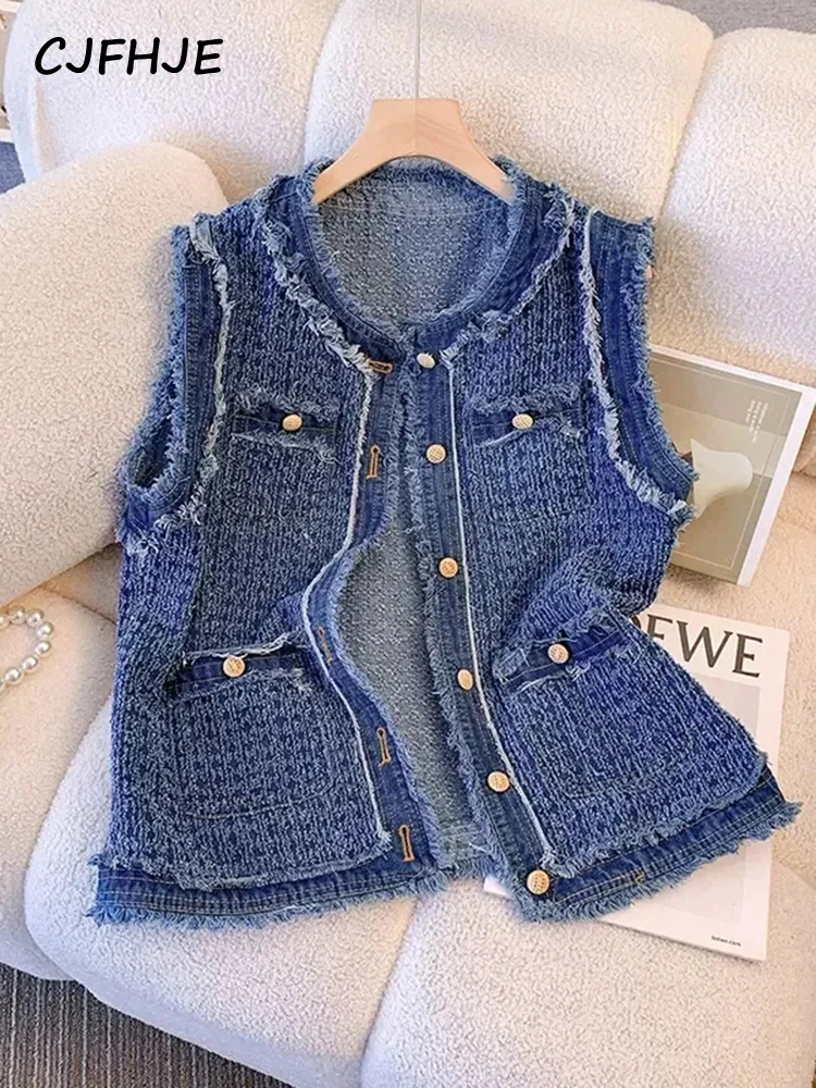 CJFHJE Tank Top tanpa lengan wanita, rompi Denim kotak-kotak Single Breasted tanpa lengan Aliran musim semi musim gugur untuk perempuan