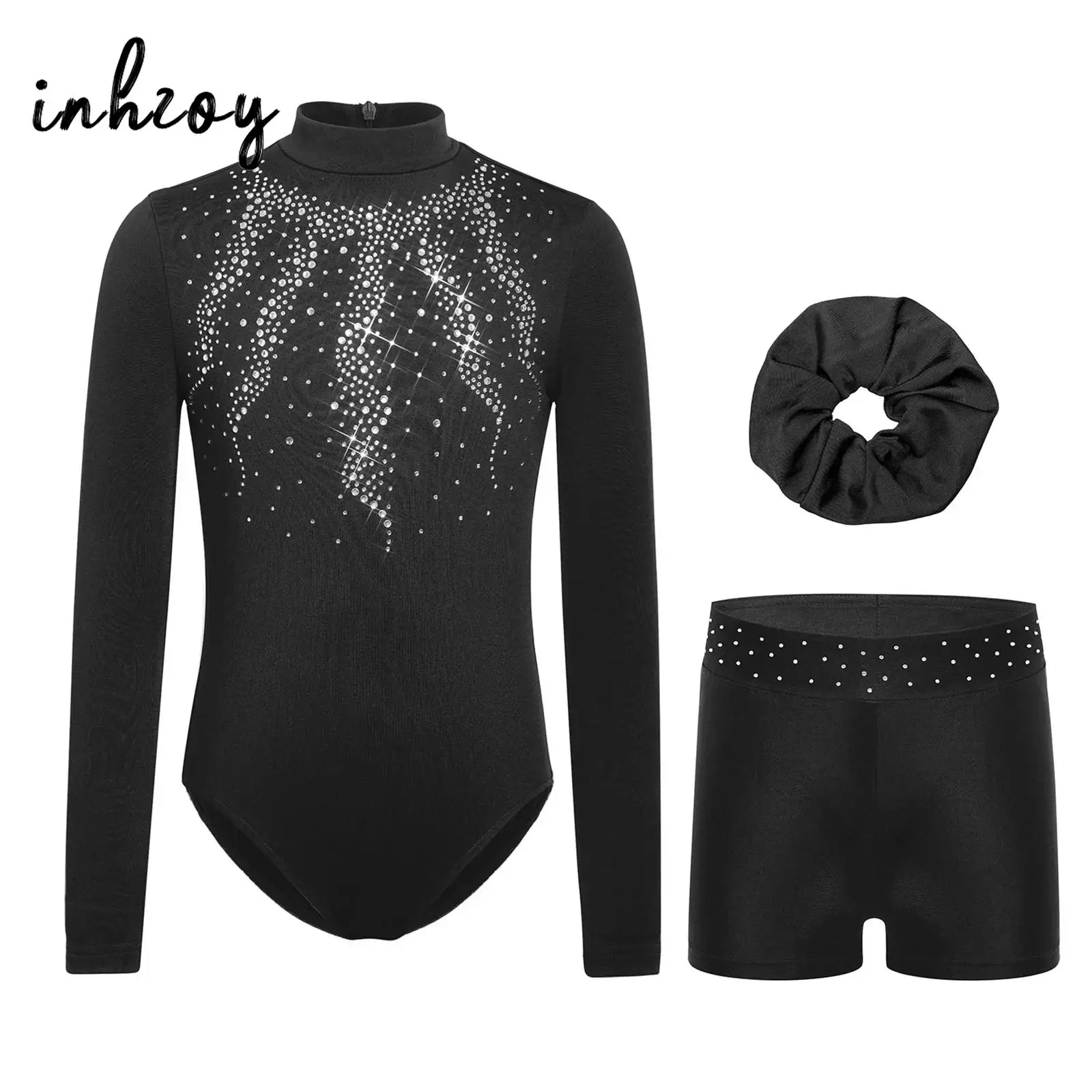 

Kids Jazz Gymnastics Dance Clothing Girls Ballet Latin Dance Training Costume Lyrical Figure Skating Leotard+Shorts+Hair Band