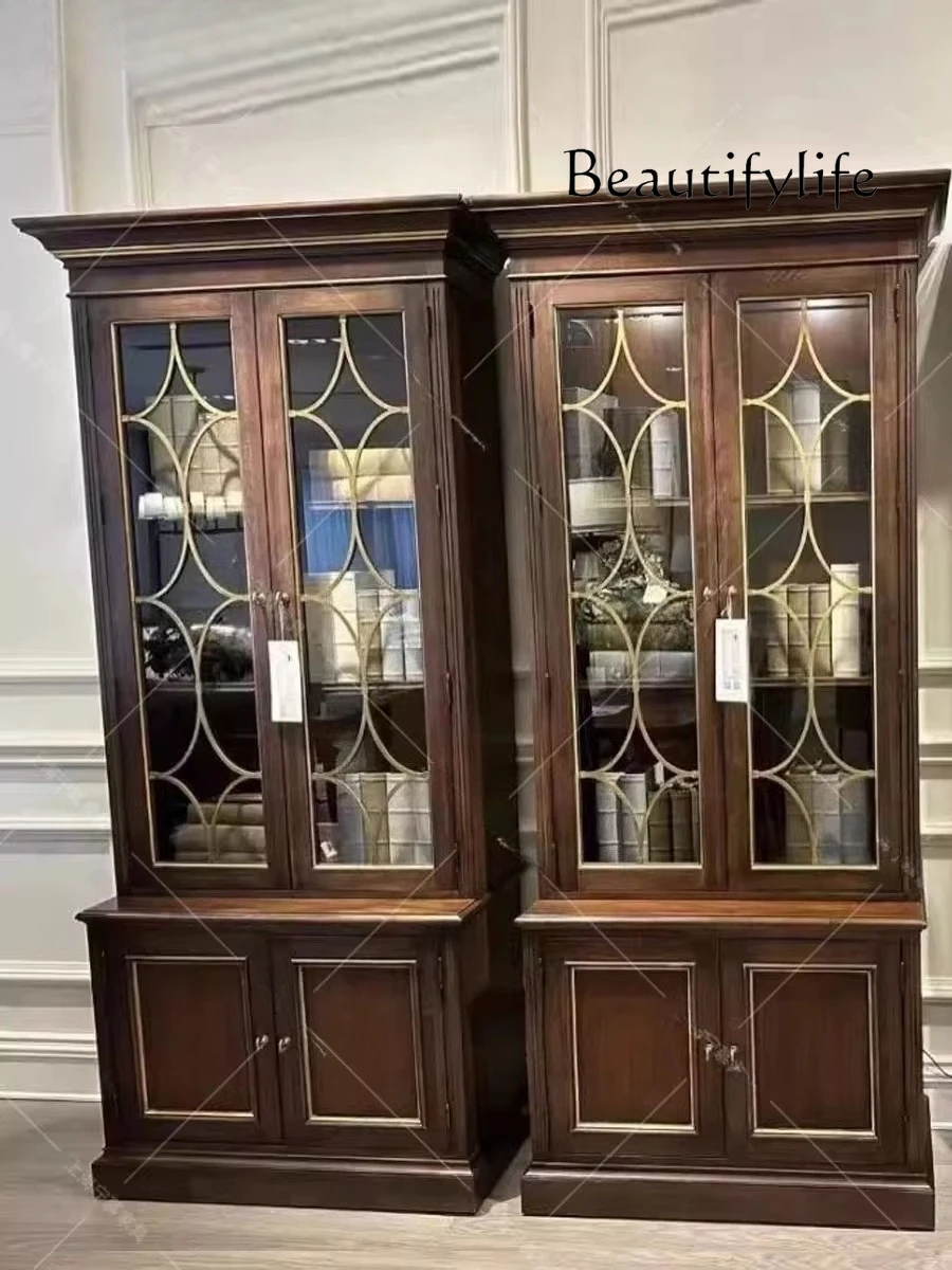 

American solid wood wine cabinet integrated against the wall home restaurant retro double door storage glass bookcase fashion