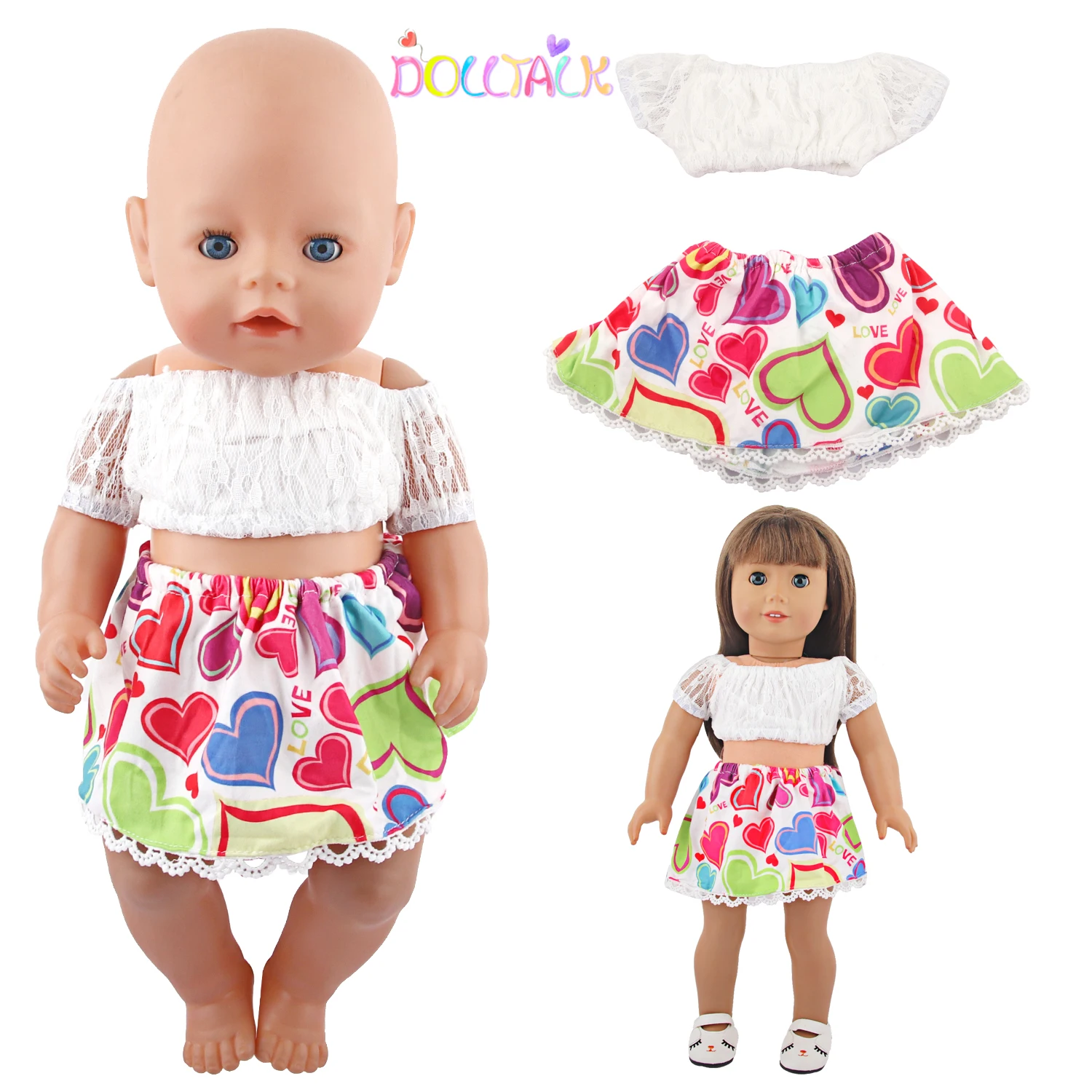 

Lace Off Shoulder T-shirt+Lace Lace Love Skirt Set For 18 Inch American Doll,43cm Baby New Born&OG Girl Doll Clothes Girl Toy