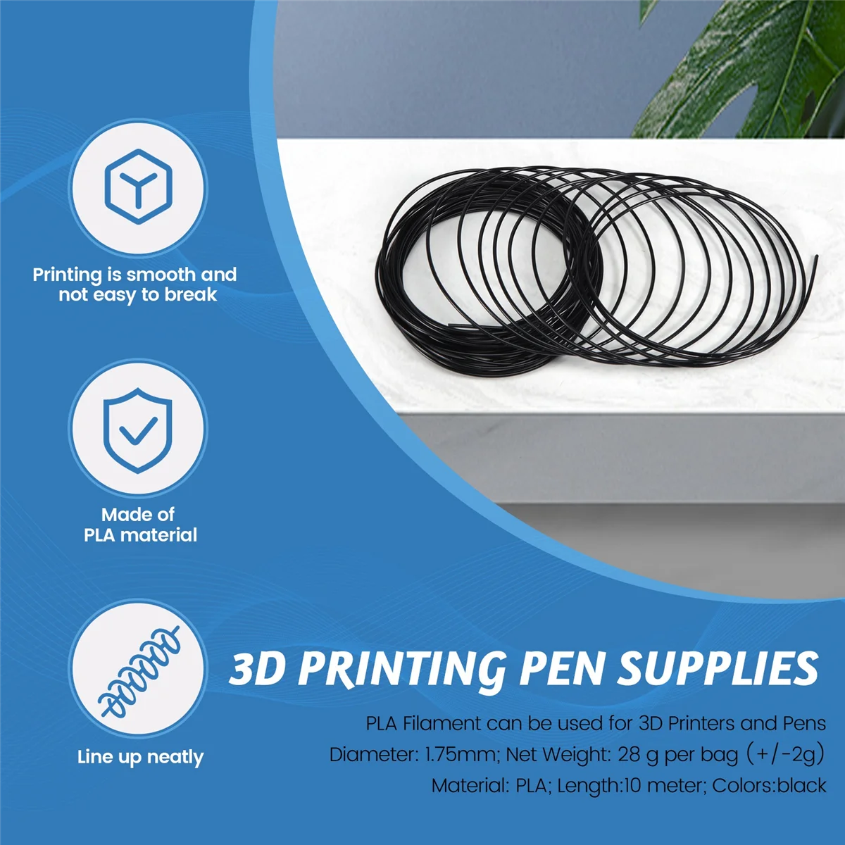 3D Printer Pen Filament 1.75mm PLA 10m(black PLA)