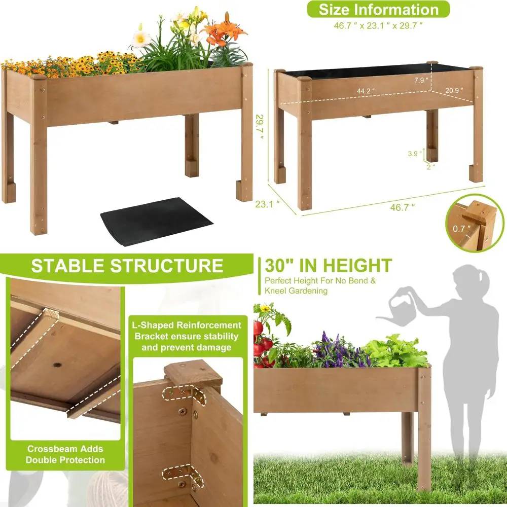 

Durable Fir Wood Elevated Garden Bed with Legs, Reinforced Frame, Drainage Holes, and Liner Option