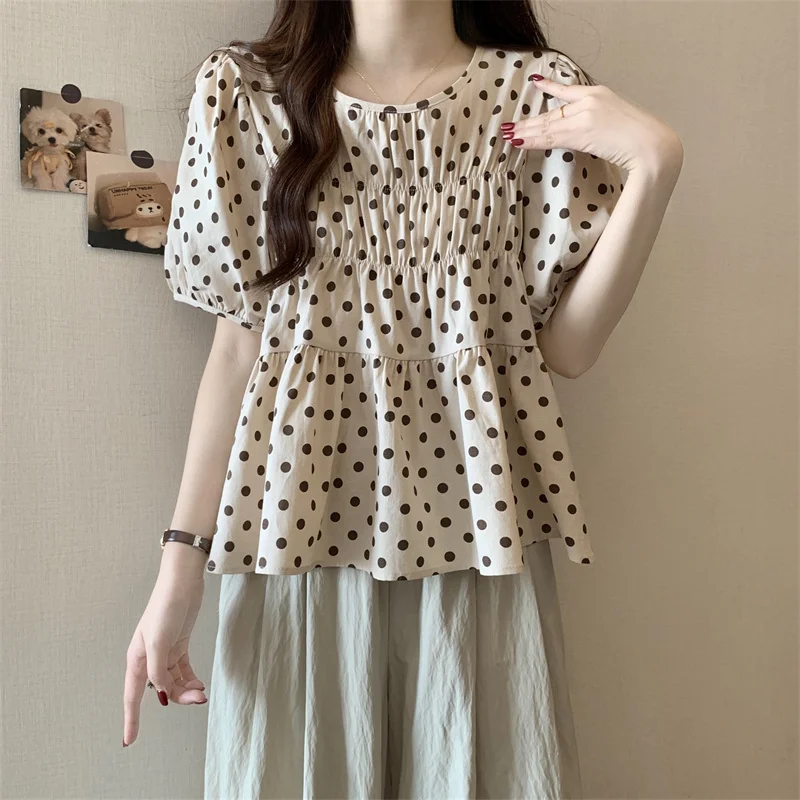 Polka Dot Blouse for Women 2024 Summer Puff Sleeve Shirt Elastic Folds Loose Retro Female Vintage Elegant Shirts Casual Tops 4XL