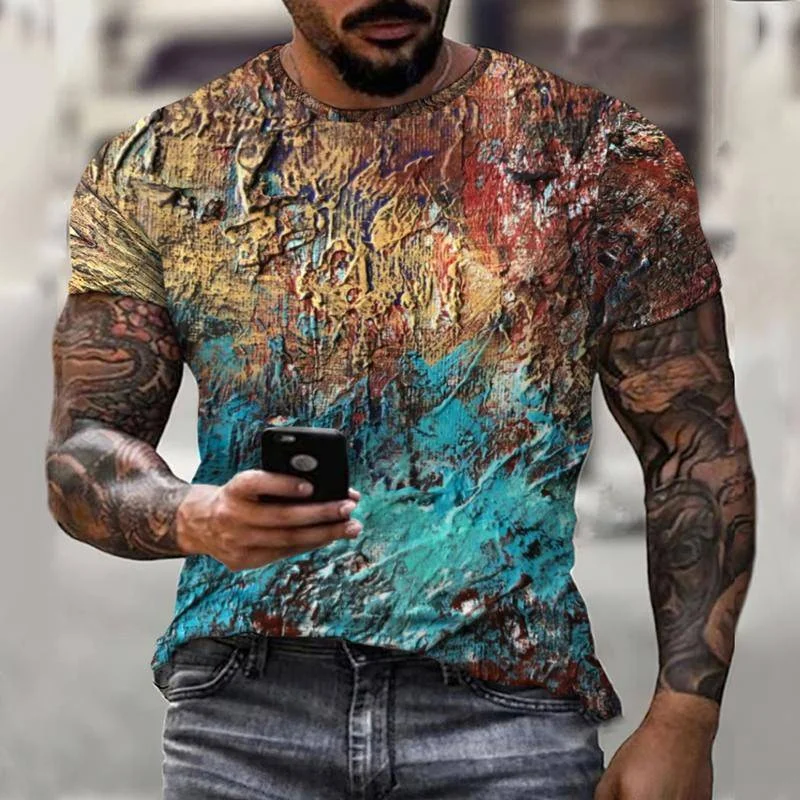 Men's Short Sleeved T-shirt, 3D Abstract Antique Mosaic Printed Clothing, Street Hip-hop, Round Neck, Oversize, Summer Clothing