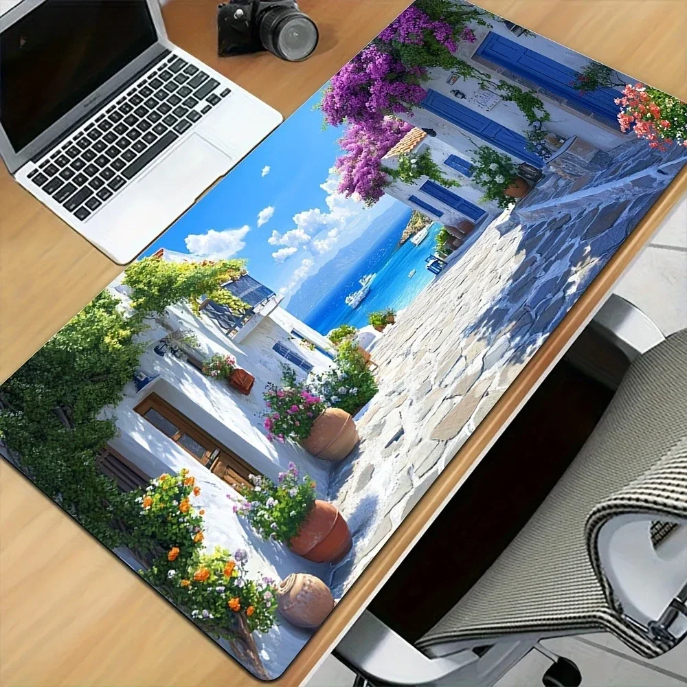 Anti-Slip Mouse Pad Greek Island Garden with Floral Vines Sea Traditional Blue White Houses Playmat Gaming Setup Decoration