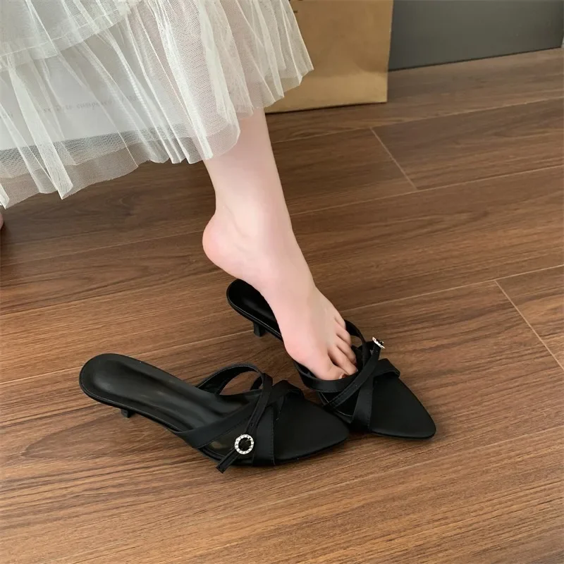 

Pop Summer New Cross-strap Pointed-heeled Mid-heeled Slippers One-word High-heeled Sandals Women's Shoes