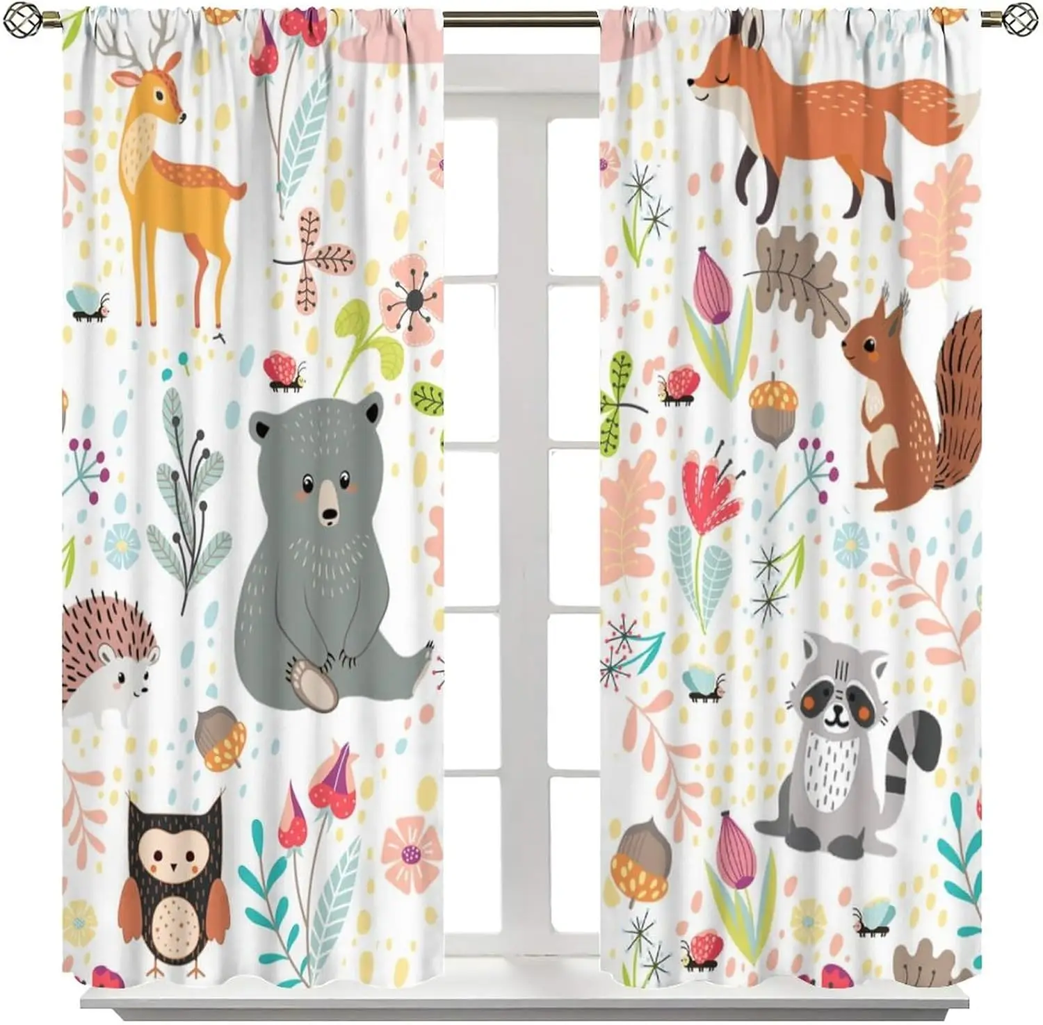 Cortinas "Amigos da Floresta" com Design de Urso, Raposa e Cervo com Flores e Folhas, Cortinas com Bolsos para Varão para Quarto Infantil ou Berçário