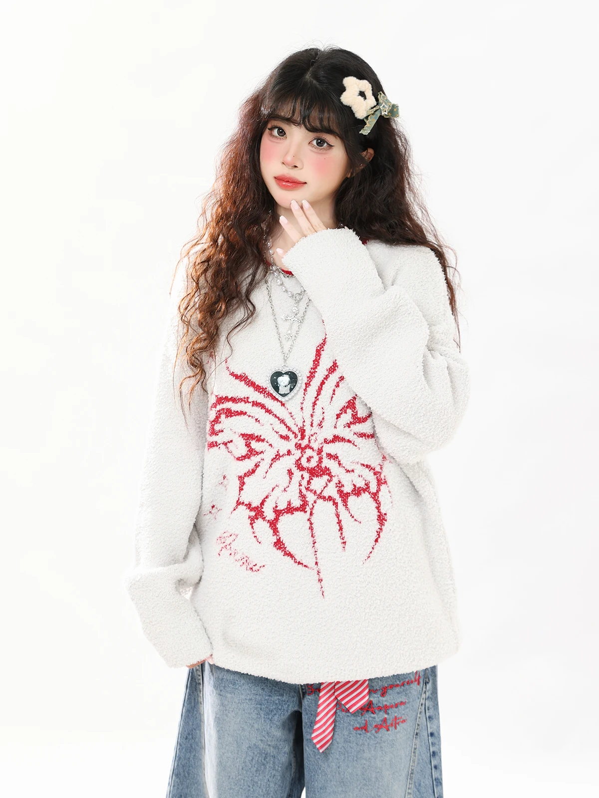 

ENJOG American Sle Velvet round Ne Sweater Women's Loose Knitted Outerwear Comfortable Soft Long Sve Top