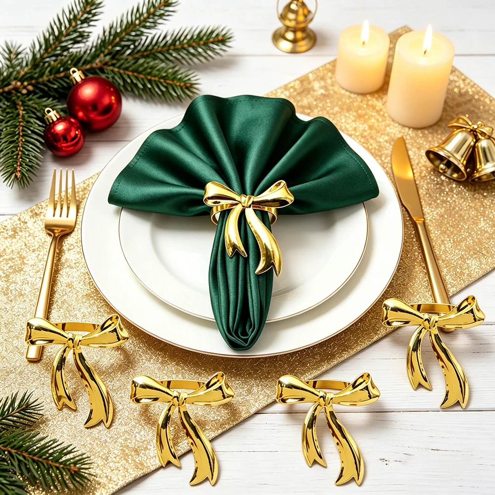 20Pcs Christmas Bow Napkin Rings Gold Metal Napkin Holder Wedding Fall Party Dinner Table Decor