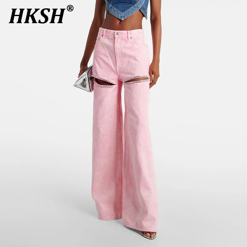 

HKSH Spring Summer New Women Y2K Chic Streetwear Fashion Original Design Hole Diamond Studded Wide Leg Pants Casual Jeans HK5650