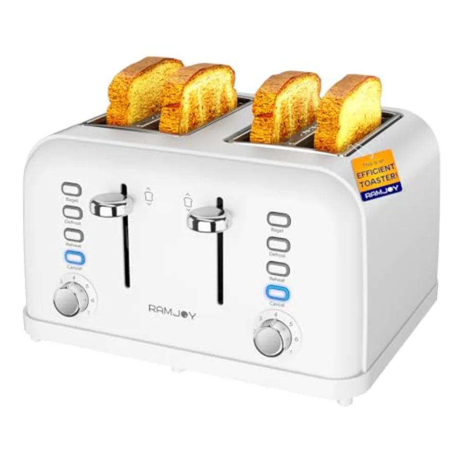 

White 4-Slice Toaster with Dual Independent Controls for Bagel Bread Waffles Extra Wide Slots 7 Shade Settings 4 Functions Remo