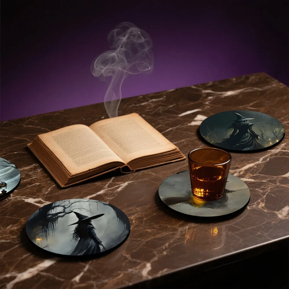 

6pcs/set Tabletop Protection Wooden Halloween Witch Coaster Set Dark Style Round Cup Mat Non-Slip Thickened Cup Holder Office