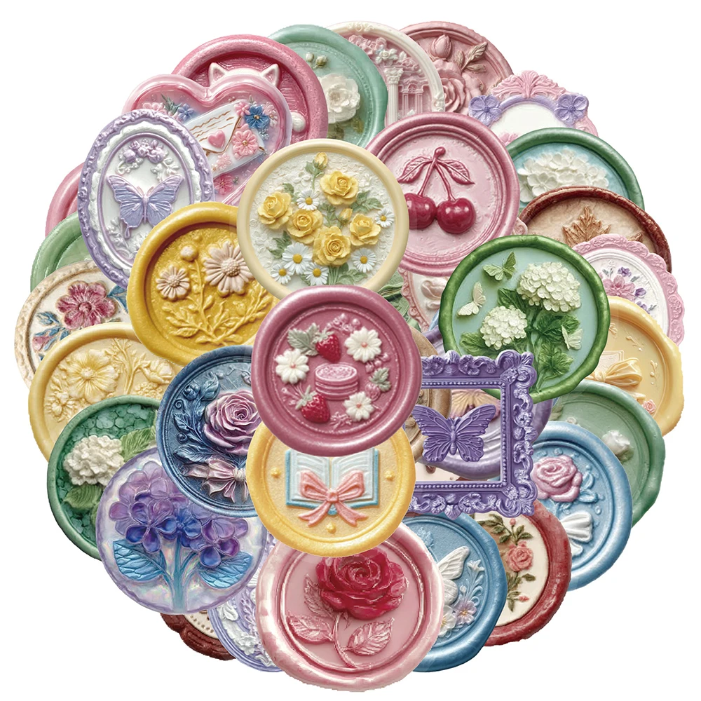 10/30/50 Stück Vintage Wachssiegel Ästhetische Aufkleber Transparente PET-Sticker DIY Scrapbook Handy Gitarre Schmetterling Blumen Aufkleber