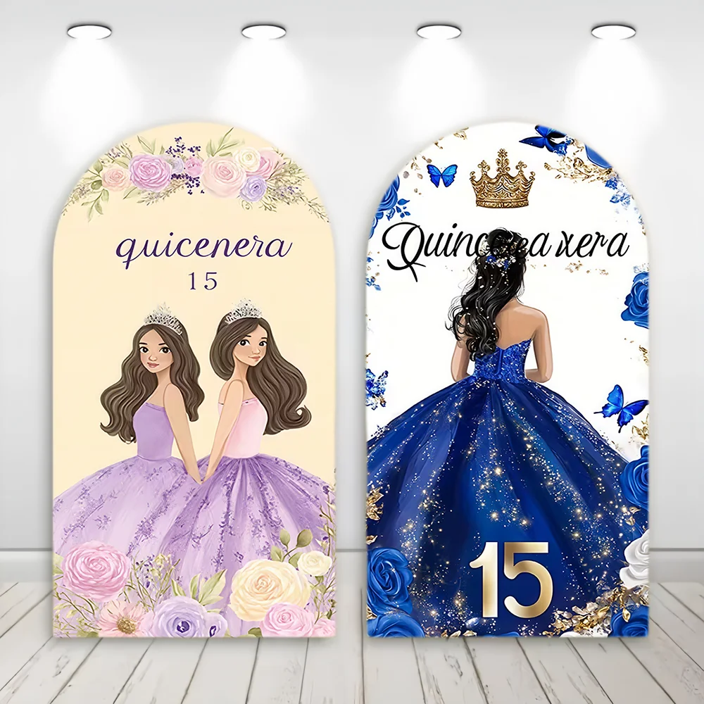 

Quinceanera Sweet 15th Birthday Party Arch Backdrop Cover Blue Rose Flowers Princess Girls Photo Arch Background Decor