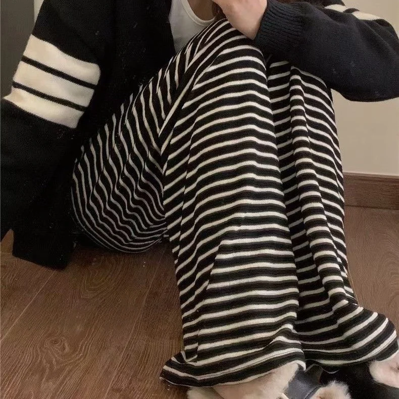 Serviette en soie glacée taille haute pantalon à jambes larges Dstring pantalon décontracté femme printemps été drapé rayé pantalons décontractés