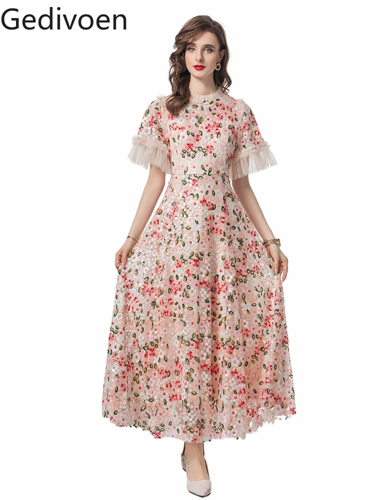 Gedivoen Summer Fashion Runway Designer Dresses Women's Bohemian Floral Sequins Net Yarn Ruffles Tunics Temperament Dresses