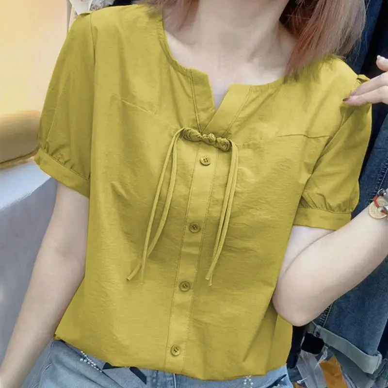 Summer New Cotton Chinese Style Drawstring Short Sleeved Shirt Women\'s Solid Round Neck Thin Button Waist Collection Loose Top