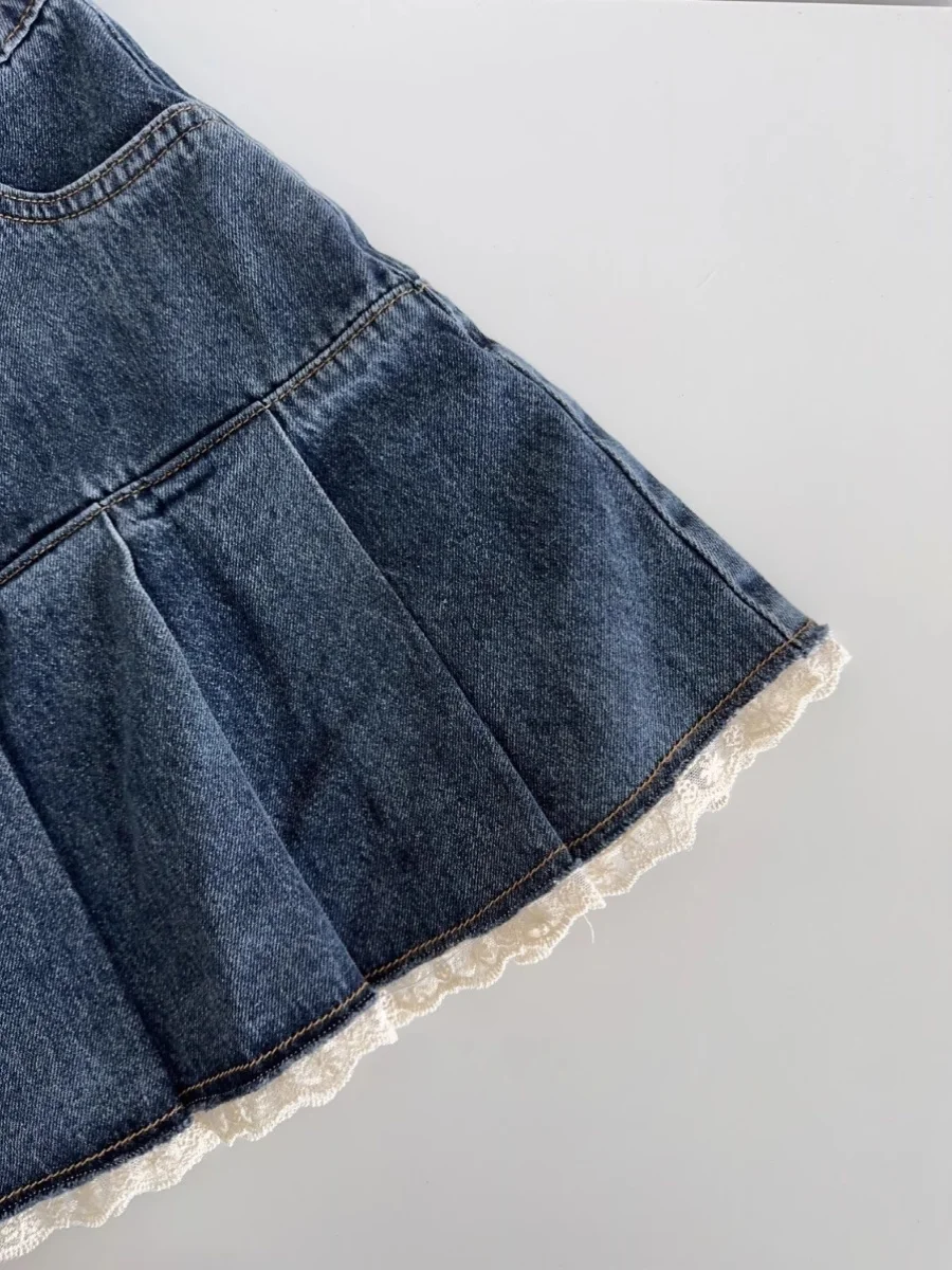 Women Blue A-line Denim Skirt Vintage Aesthetic Y2k Patchwork Lace Jean Skirt Harajuku Korean Cowboy Skirts 2000s Clothes Summer