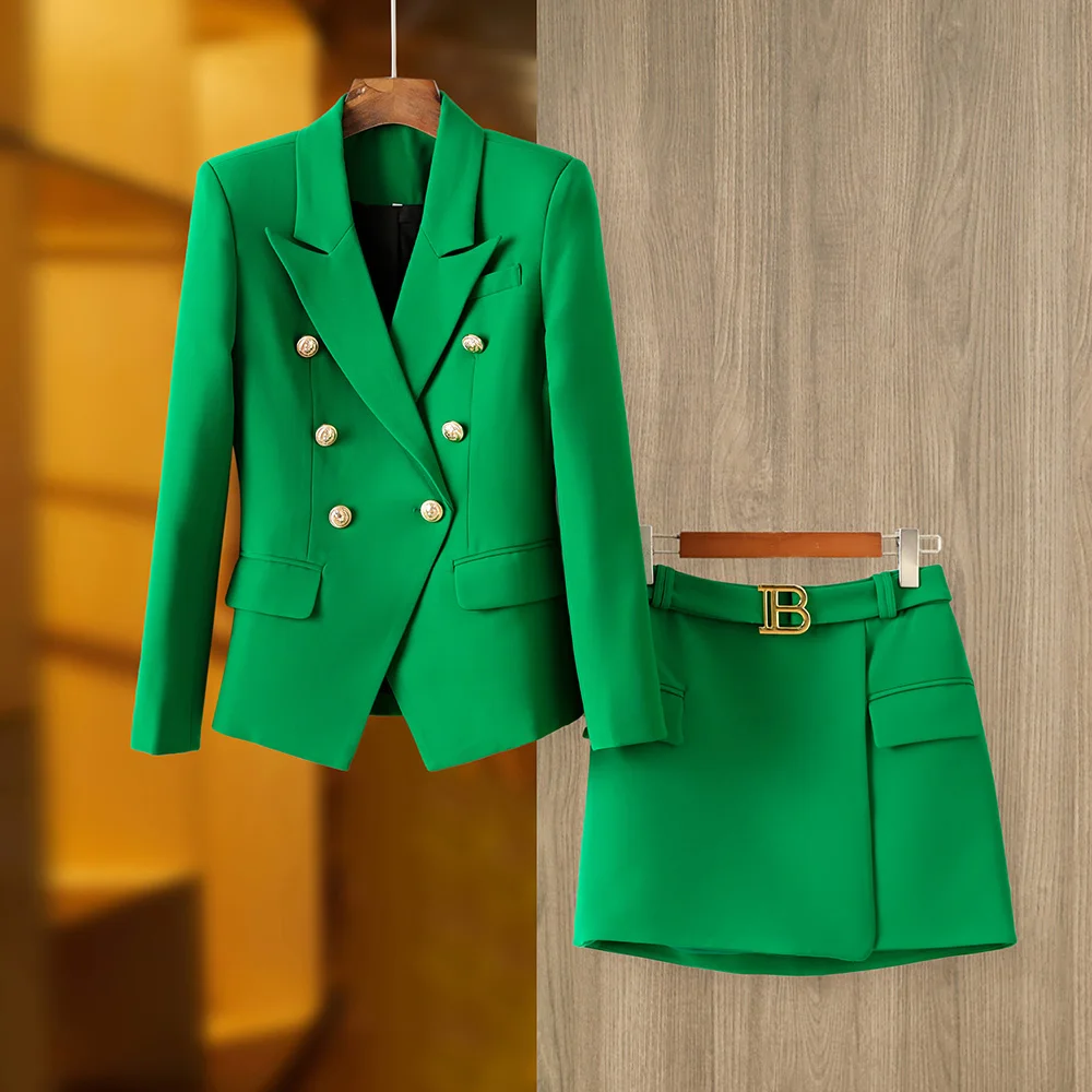 European Design Fresh Green Two-Pieces Blazer Suits Quality High Street Women Bodycon Twin Sets