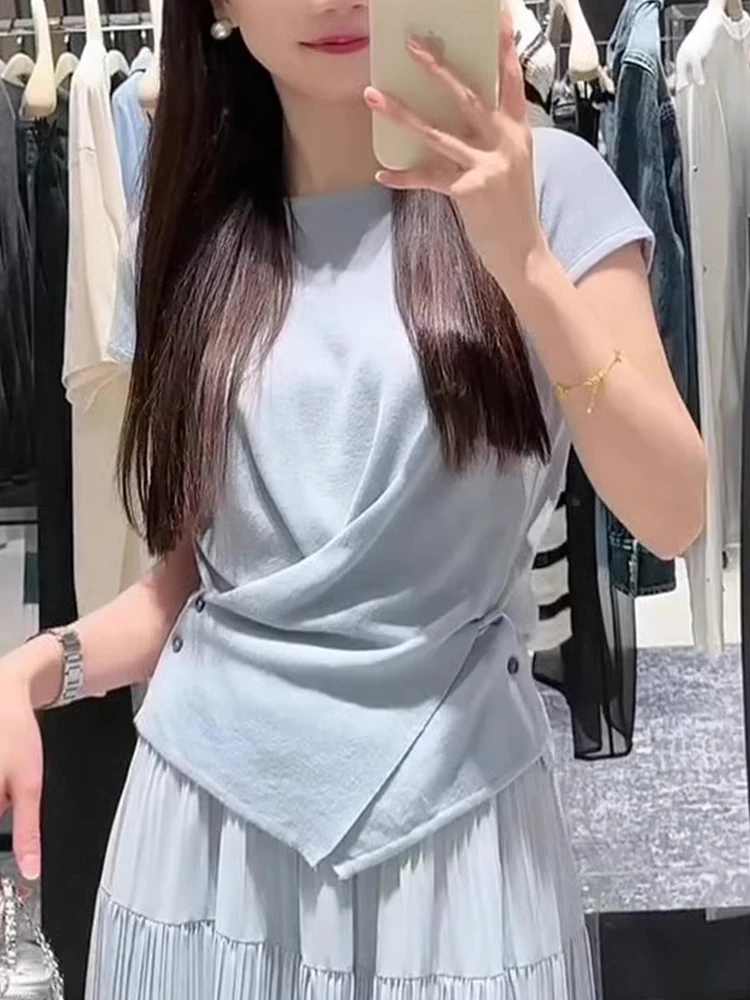 

Уникальный вязаный топ с коротким рукавом, подчеркивающий талию, с асимметричным подолом, летний модный женский шелковый топ с круглым вырезом