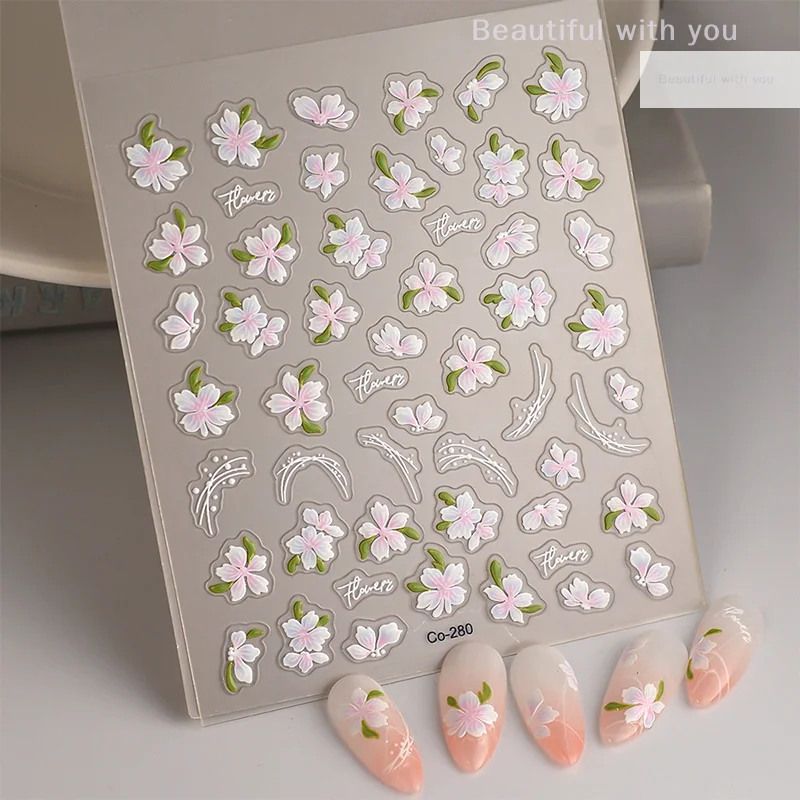 5D Ice Through Kawaii Relief Sakura Nail Art Stickers Flower Self-Adhesive Nail Decorations Decals Accessories