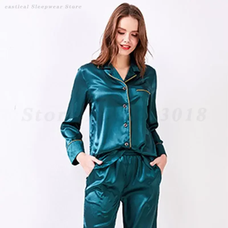 

Ice Silk Shirt&Pant Pijamas Suit Female 2PCS Pajamas Set Spring Summer New Long Sleeve Trouser Suits Loose Casual Home Clothes
