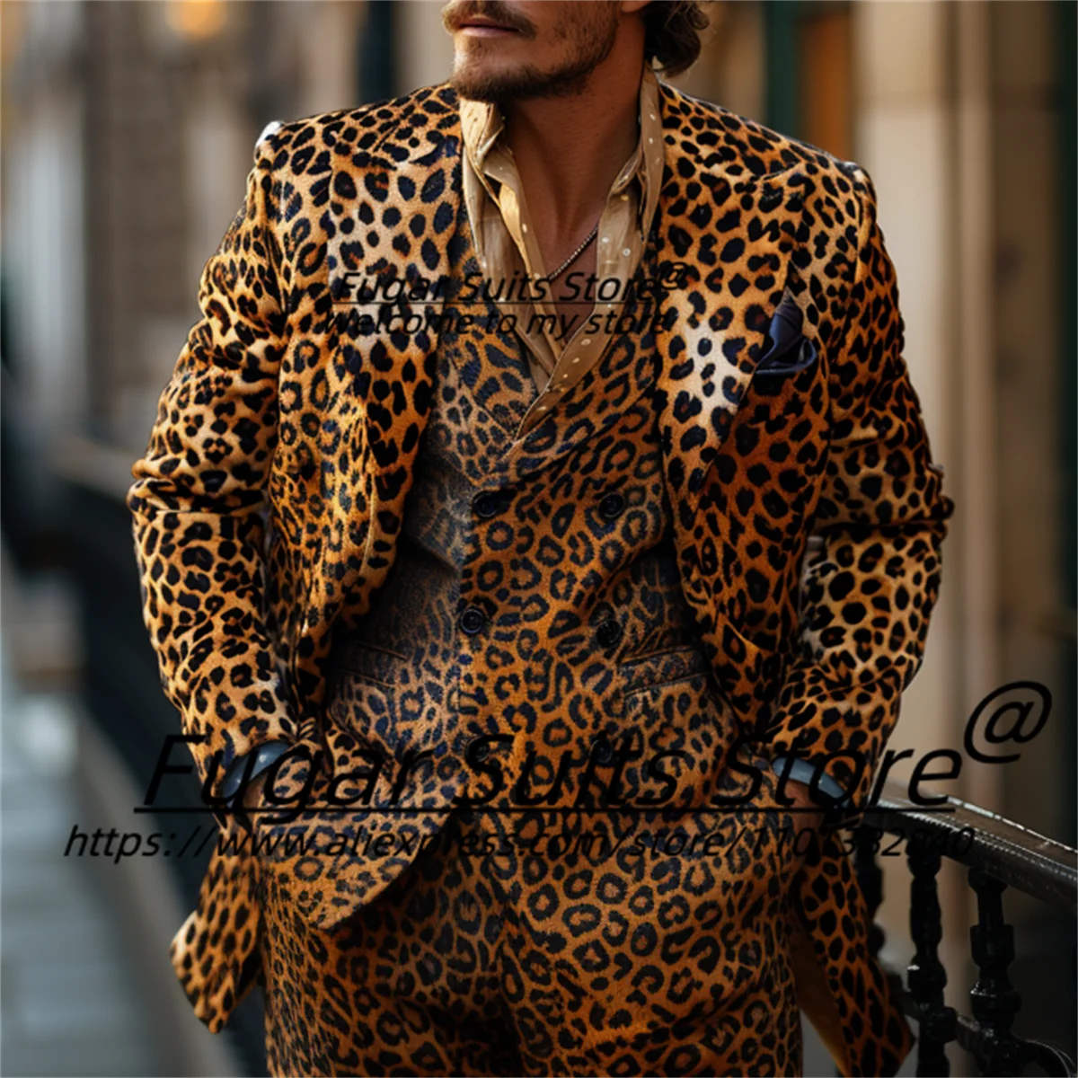 Traje informal con estampado de leopardo para hombre, esmoquin de 2 piezas con solapa y muescas, estilo clásico, a la moda