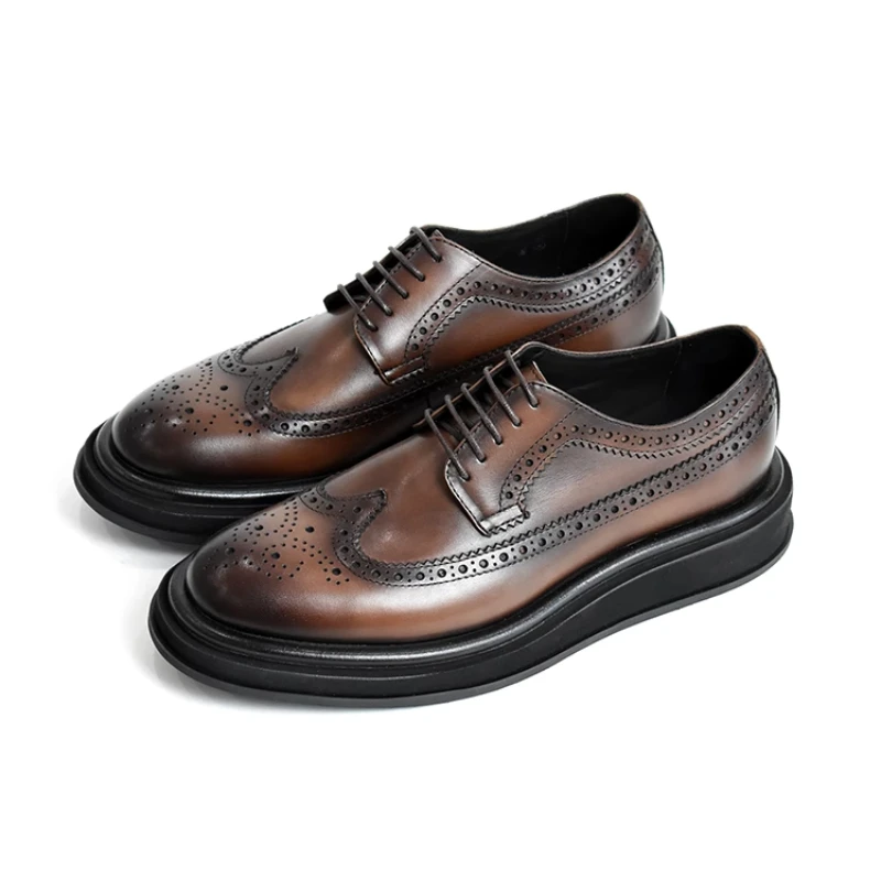 England Black Carving Design Retro Casual Shoes for Men's Thick Platform Height Increasing Shoes Genuine Leather Wedding Shoes