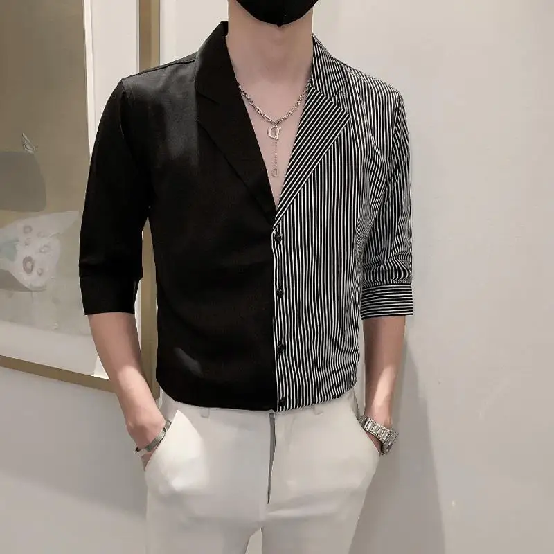 

2024 Summer New Men's Square Collar Button Spliced Striped All-match High Street Fashionable Slim Three Quarter Casual Shirt Top