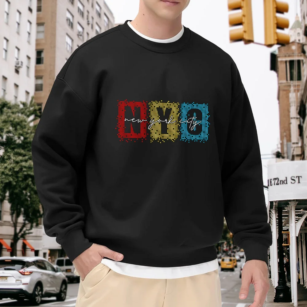

Men's Black Crew Neck Loose Sweatshirt with Colorful Pixel Letter Print, Street Fashion Casual Versatile Style, Comfortable and Breathable Top for Everyday Wear