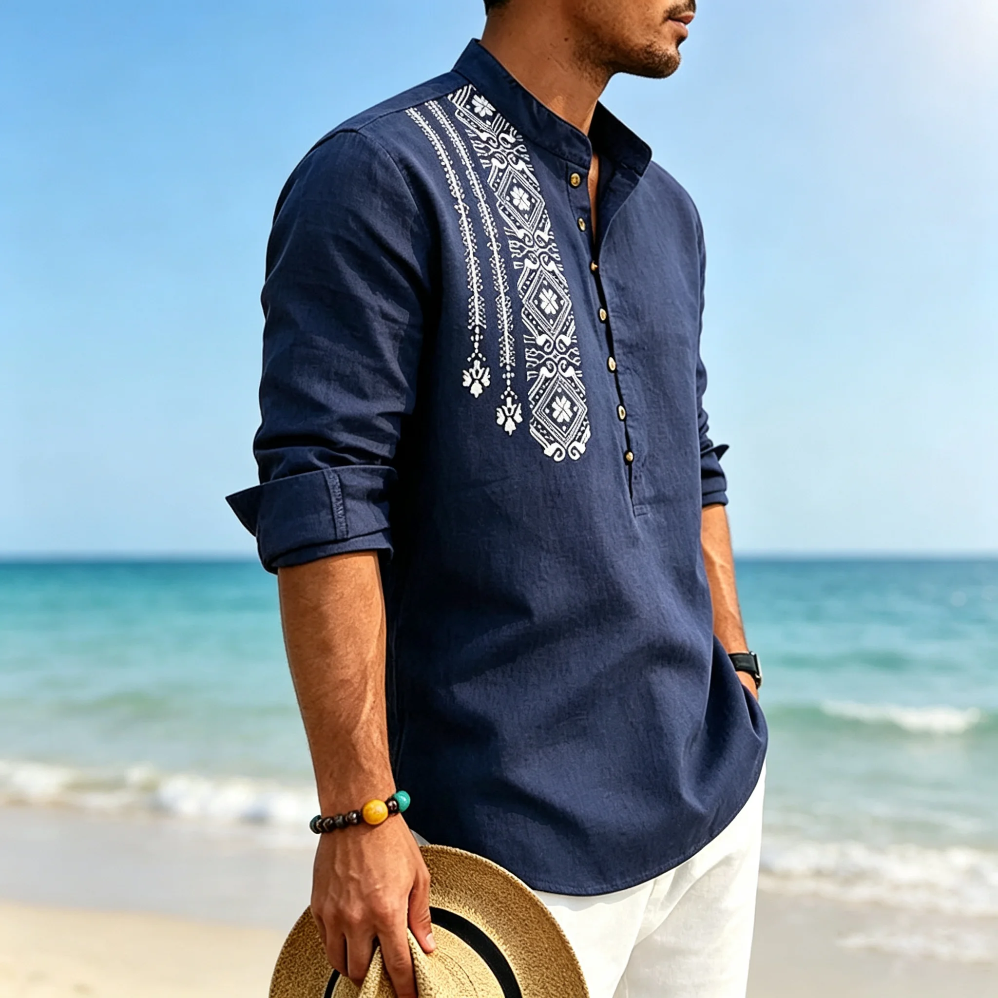 Men Linen Henley Shirt Stand Collar Long Sleeve Shirt Ethnic Geometric Embroidery Half Placket Tops Bohemian Beach Loose Blouse