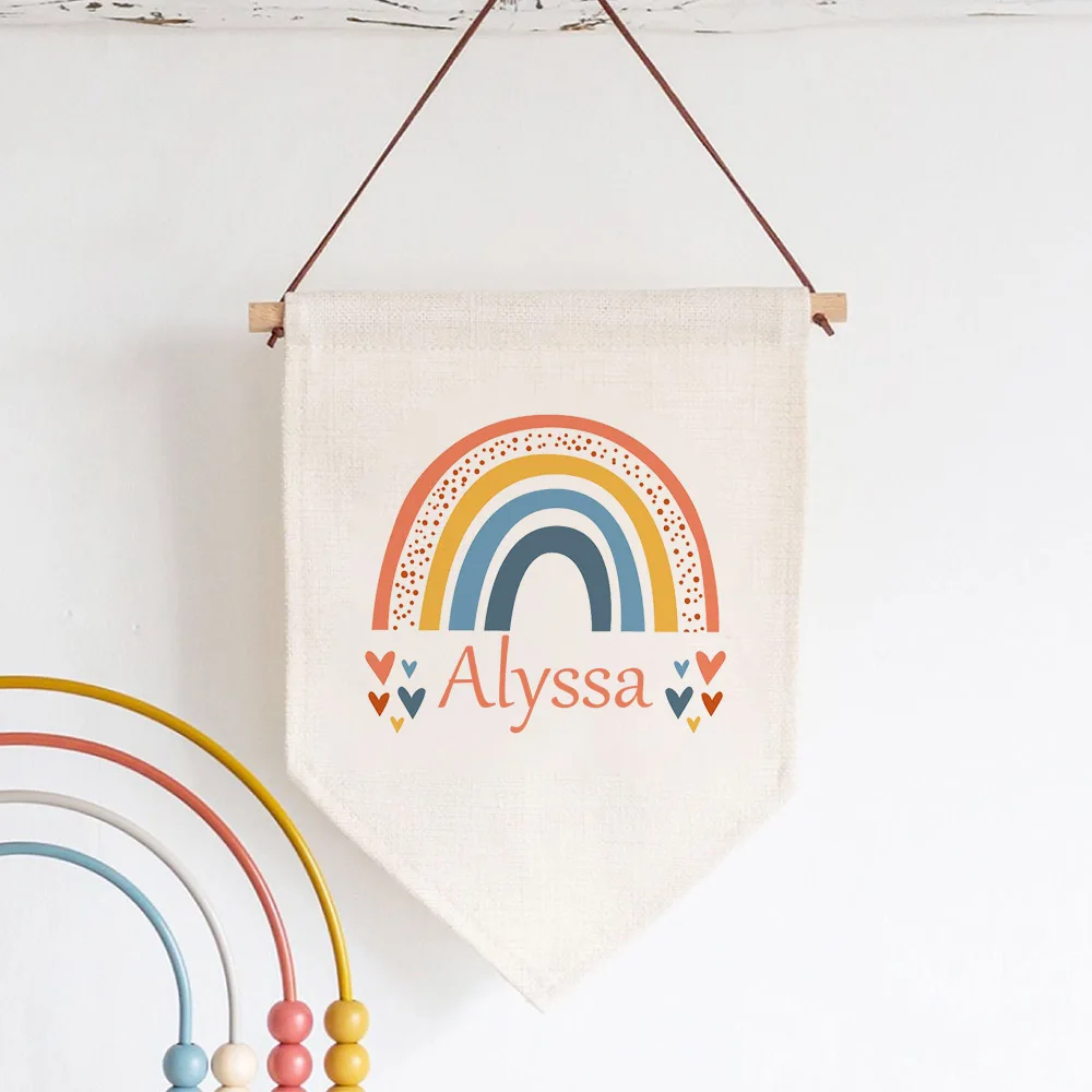 Personalised Rainbow with Name Canvas Style Hanging Flag Pennant Sign Gift New Baby Kids Room Wall Art Banner Decor Shower Gifts