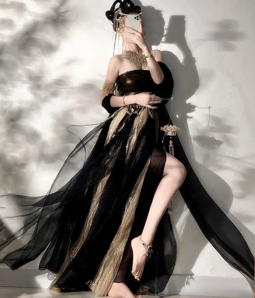 

Original Oriental Elements Draped Sexy Costume Dunhuang Flying Stage Black Hanfu Luoshen Ancient Mural Painting Outfit TP090
