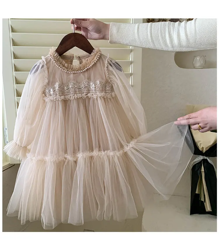 Girls Casual Dresses Yarn Princess Summer New Childrens Clothing Soild Round Collar Lace Sweet