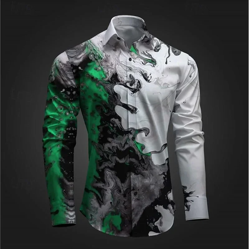 Camicia casual da uomo con illusione ottica stampa 3D party street vacation primavera ed estate risvolto manica lunga