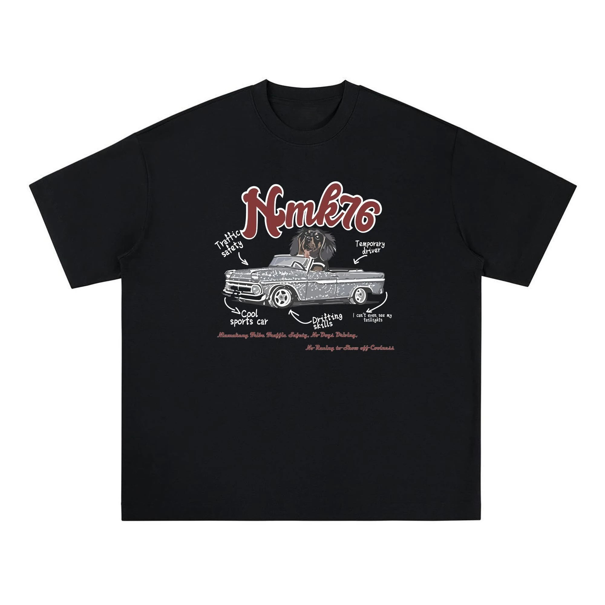 

American Retro Sports Car Puppy Print Heavy Short-sleeved Men's Summer Loose Casual Couple T-shirt