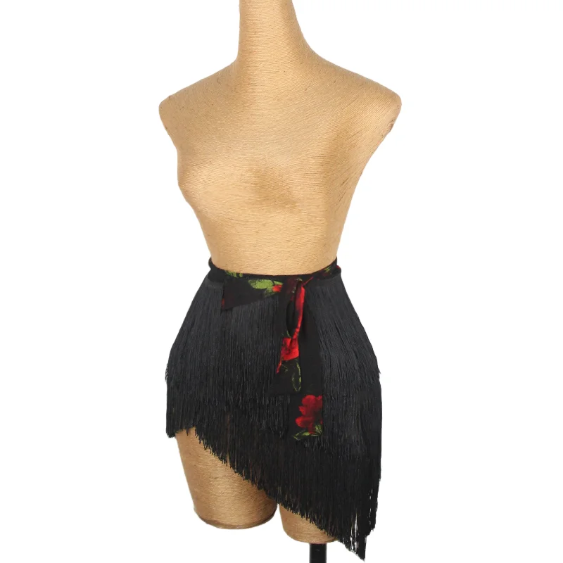 

Rose Print Latin Dance Skirt Women Fringed Hip Scarf Strap Skirt Sexy Samba Rumba Cha Cha Dance Practice Training Wear DNV22673
