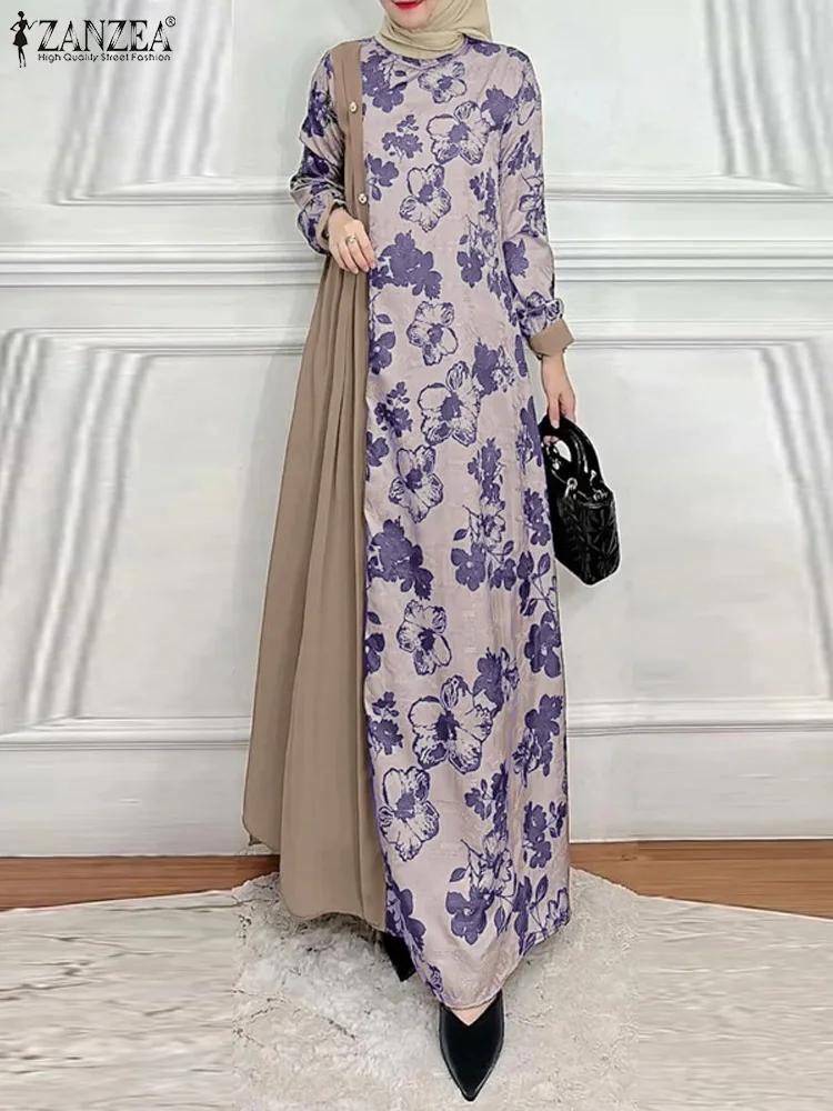 ZANZEA Floral Print Patchwork O Neck Robes Women Elegant Long Sleeve Muslim Fashion Long Dresses Loose Islamic Abaya Vestidos