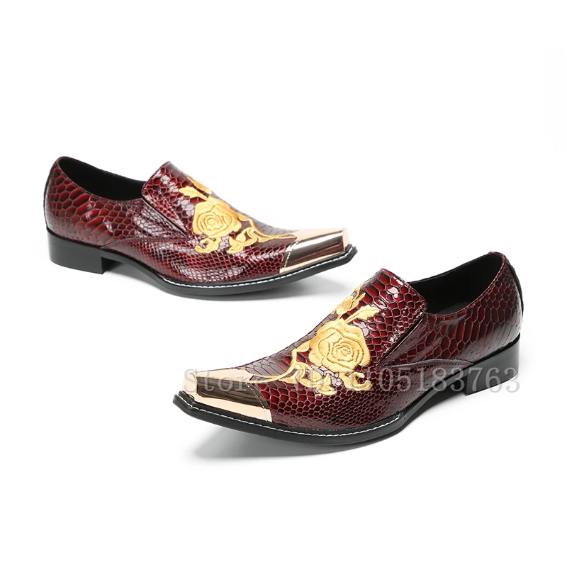 Golden Embroidery Flowers Men Dress Shoes Metal Toe Snake Pattern Genuine Leather Slip On Business Formal Oxford Shoes